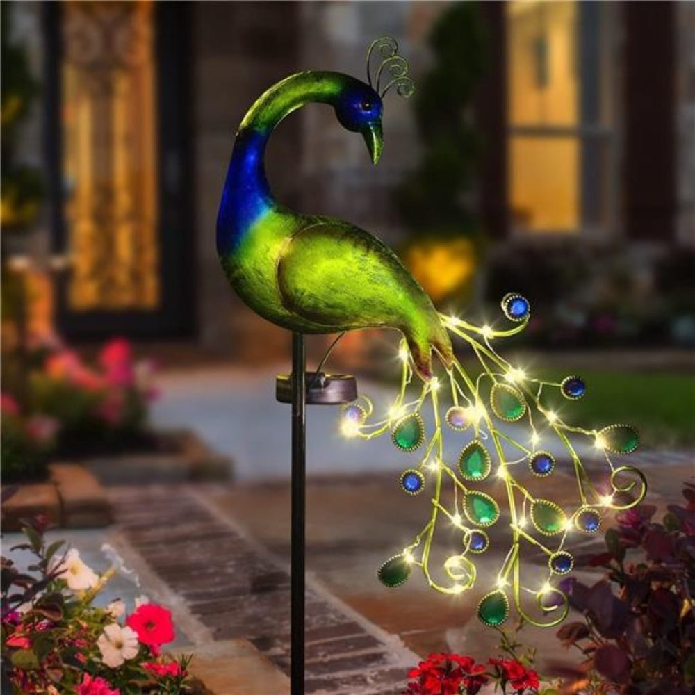 Solar Garden Lights MetalPeacock GardenDecor Waterproof Peacock Solar StakeLight